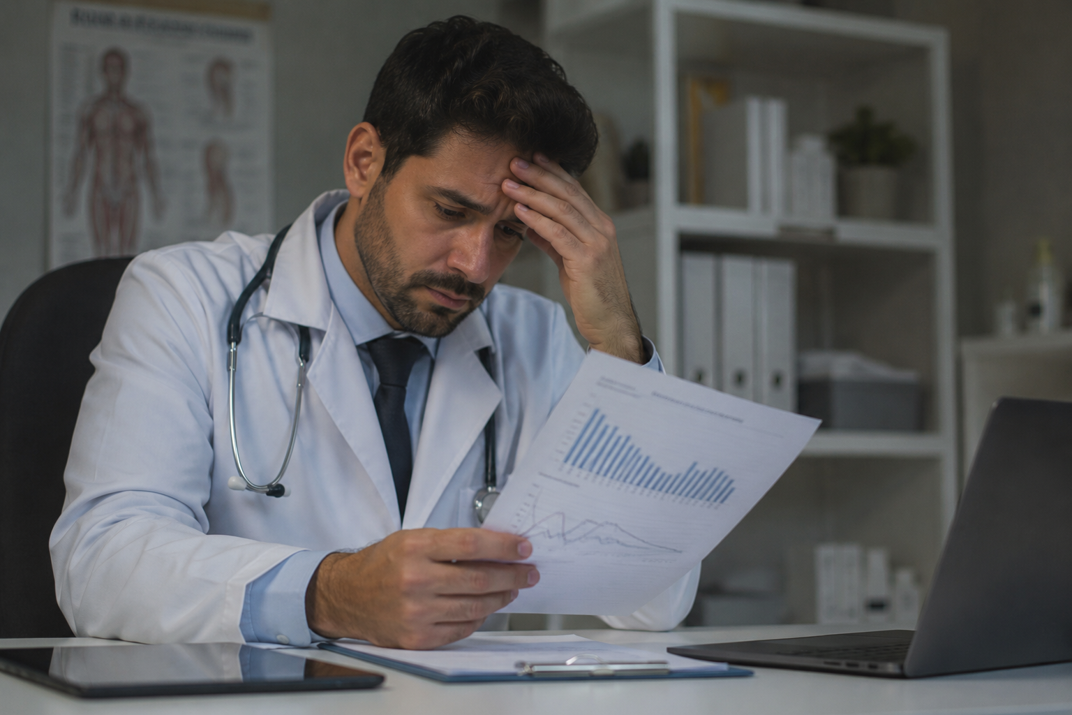 Médico cansado e frustrado com a agenda vazia de pacientes particulares